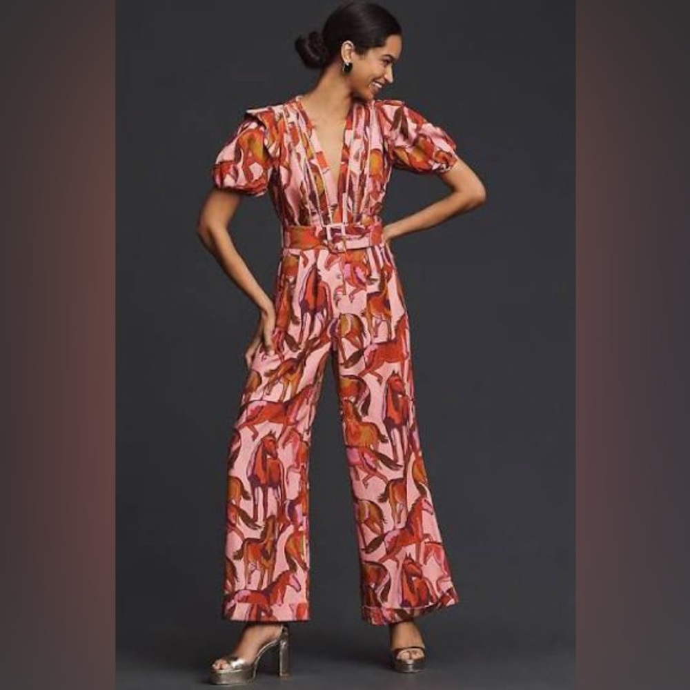 FARM Rio Wild Horses Pink Jumpsuit Sz M WIDE LEG Palazzo SOLD OUT Statement $265